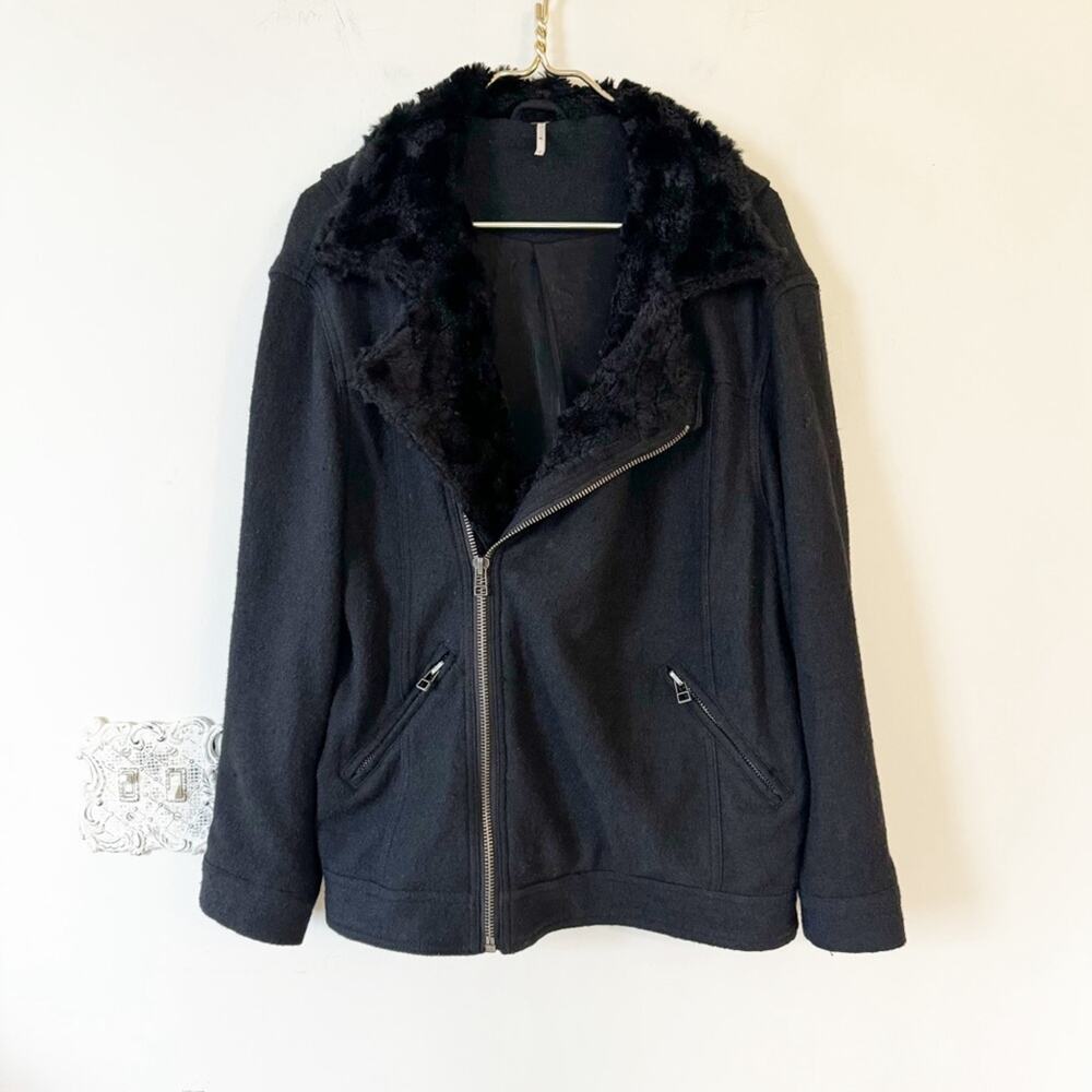Free People Black Simple Salute Wool Faux Fur Collar Moto Military Jacket S - Picture 7 of 16